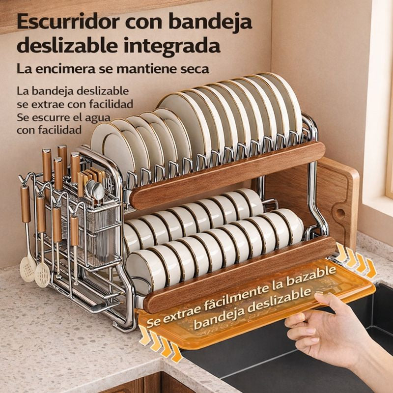 scurridor Multifuncional de Acero Inoxidable con Detalles en Madera – Diseño Moderno y Sofisticado + ¡REGALO Kit de Utensilios de Cocina!